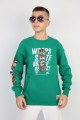 Üç İplik Şardonlu Baskılı Yeşil Sweat