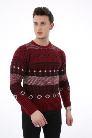 Desenli Kalın Bordo Kazak