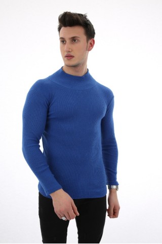 Likralı Boğazlı Saks Sweat