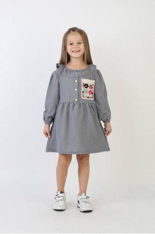 İşlemeli Gofre Kumaş Kız Çocuk Günlük Şık Rahat Ve Trend Elbise
