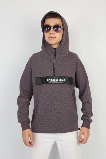 Yarım Fermuarlı Kapşonlu Baskılı Bordo Sweat