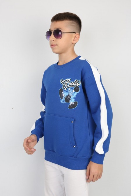 Üç İplik Şardonlu Arka Baskılı Saks Sweat