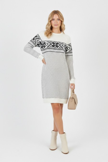  Kadın Beyaz Kar Tanesi Desenli Bisiklet Yaka Raglan Kol Jakarlı Triko Mini Kazak Tunik