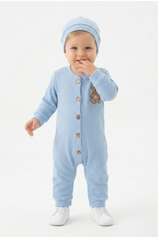 Şardonlu Bear Düğmeli Şapkalı Mavi Tulum 