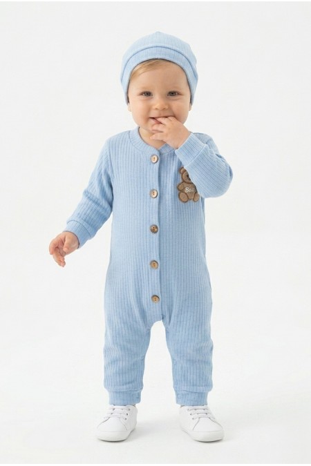 Şardonlu Bear Düğmeli Şapkalı Mavi Tulum 