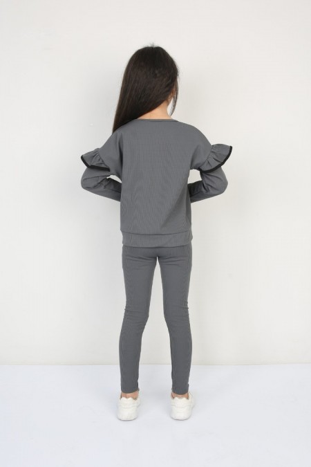 Şardonlu Fitilli Fırfır Detaylı Antrasit Taytlı Takım