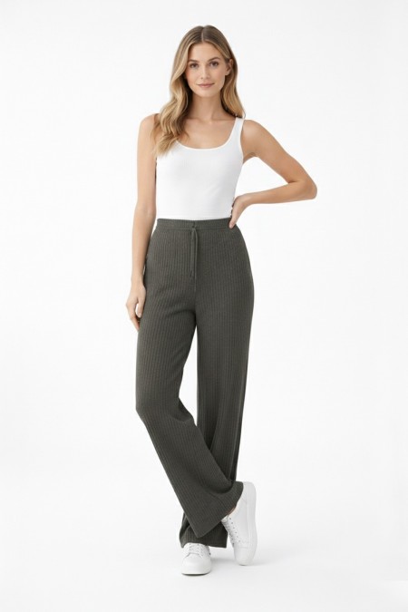 Kadın Haki Yüksek Bel Fitilli Örme Bağcıklı Esnek Likralı Geniş Paça Pantolon