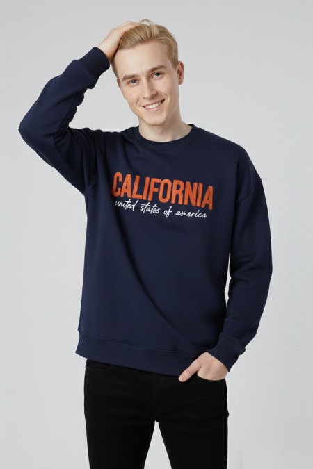 Erkek Lacivert Oversize Bisiklet Yaka California Nakış Baskılı Pamuklu Sweatshirt