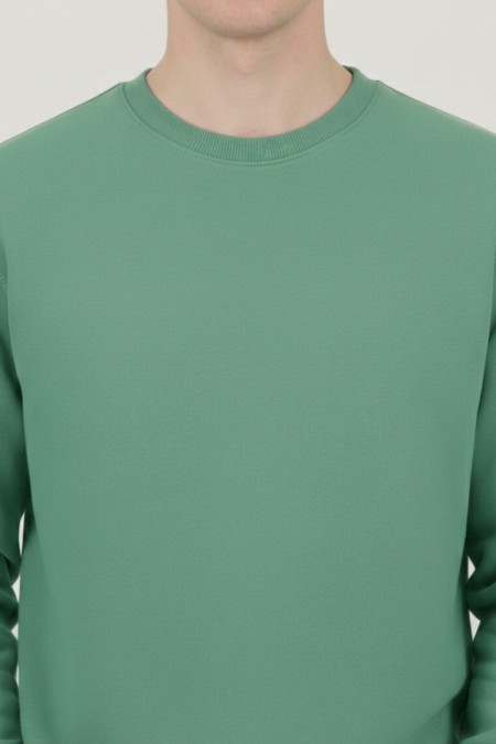 Erkek Yeşil Oversize Bisiklet Yaka Basic Pamuklu Üç İplik Şardonlu Sweatshirt