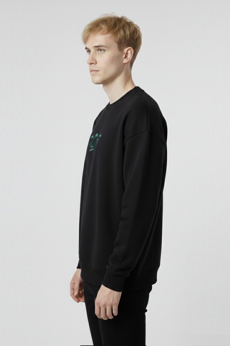 Erkek Siyah Oversize Bisiklet Yaka Kabartma Baskılı Pamuklu Sweatshirt