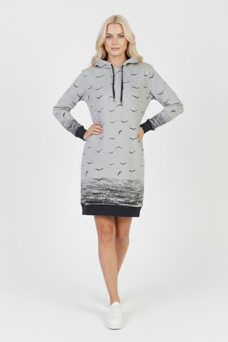 Kadın Gri Martı Desenli Kapüşonlu Cepli Uzun Kollu Jakarlı İnterlok Penye Sweatshirt Elbise