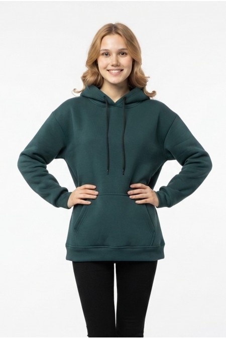 Kadın Kapşonlu Cepli Şardonlu Kalın Günlük Rahat Kesim Sweatshirt 