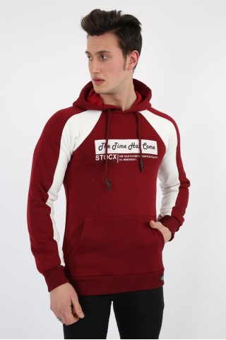Kapşonlu İki Renk Bordo Sweat