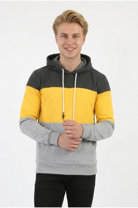 Erkek Üç İplik Şardonlu Kapüşonlu Parçalı Kanguru Cepli Günlük Sweatshirt