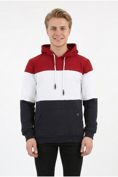 Erkek Üç İplik Şardonlu Kapüşonlu Parçalı Kanguru Cepli Günlük Sweatshirt