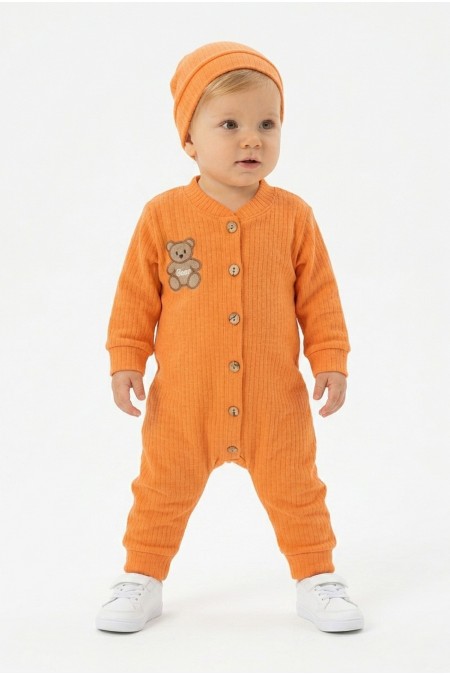 Şardonlu Bear Düğmeli Şapkalı Turuncu Tulum 