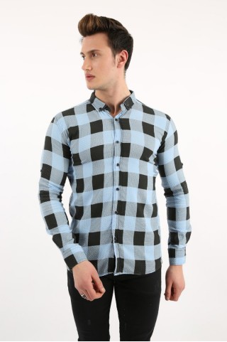 Büyük Kare Likralı Mavi Gömlek