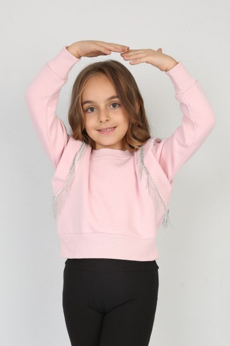 Üç İplik Şardonlu Pamuk Kumaş Pembe Crop Sweat 