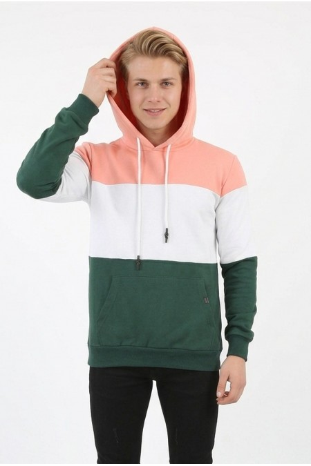Erkek Üç İplik Şardonlu Kapüşonlu Parçalı Kanguru Cepli Günlük Sweatshirt