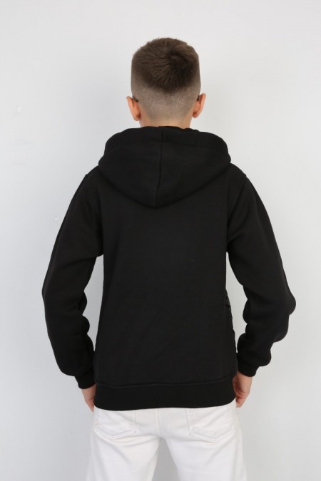 Üç İplik Kapşonlu Fermuarlı Baskılı Siyah Sweat