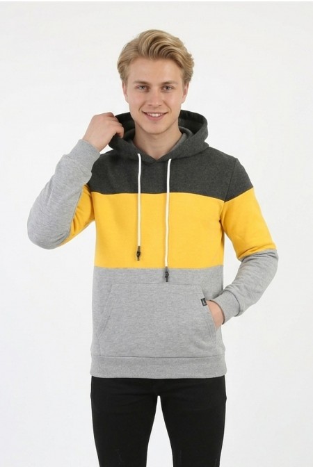 Erkek Üç İplik Şardonlu Kapüşonlu Parçalı Kanguru Cepli Günlük Sweatshirt