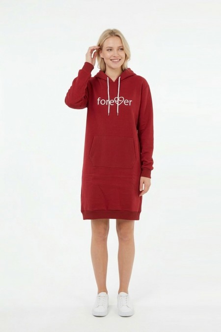 Kadın Bordo Forever Baskılı Kapüşonlu Kanguru Cepli Uzun Sweatshirt Tunik Elbise