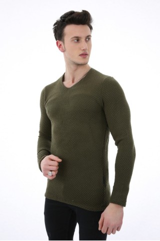 Düz V Yaka Haki Kazak