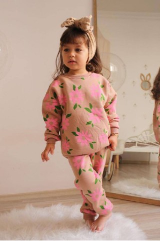 Üç İplik Şardonlu Çiçek Baskılı Kız Çocuk Günlük Takım