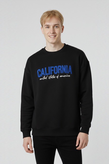 Erkek Siyah Oversize Bisiklet Yaka California Nakış Baskılı Pamuklu Sweatshirt