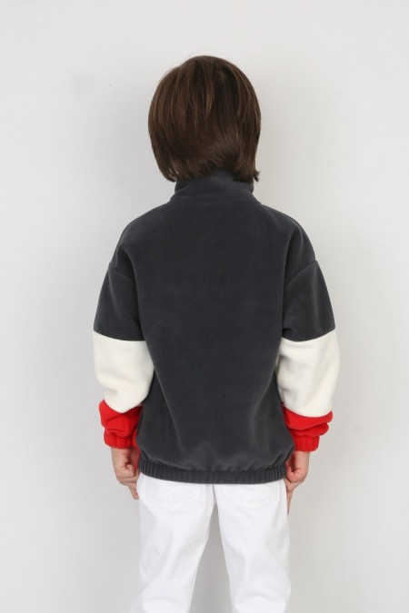 Full Polar Kumaş Yarım Fermuarlı Garnili Füme Beyaz Sweat