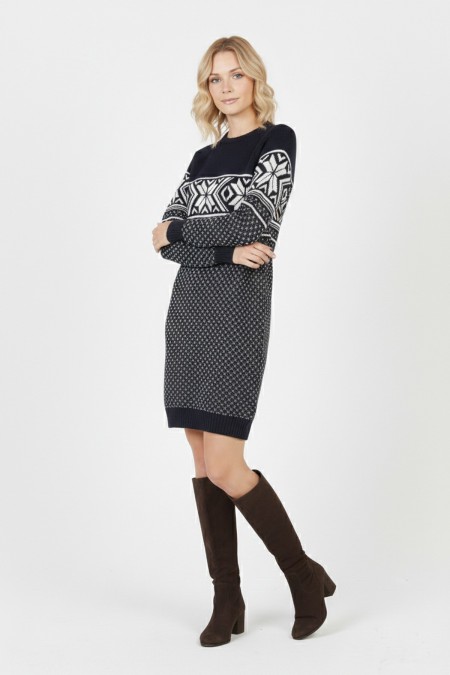  Kadın Lacivert Kar Tanesi Desenli Bisiklet Yaka Raglan Kol Jakarlı Triko Mini Kazak Tunik 