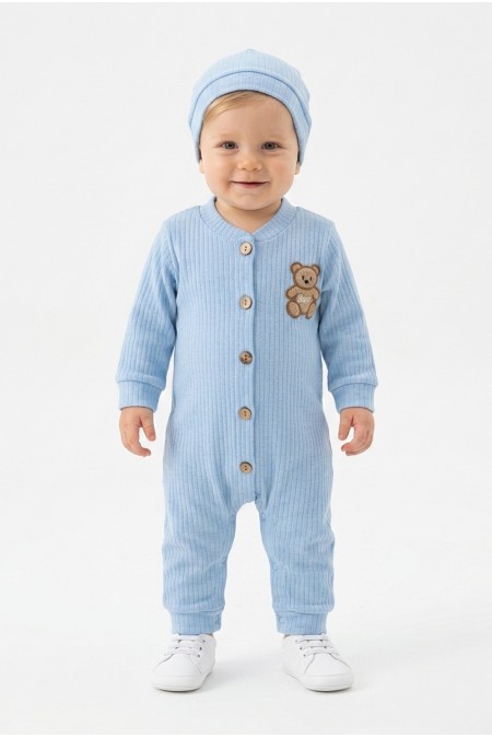 Şardonlu Bear Düğmeli Şapkalı Mavi Tulum 