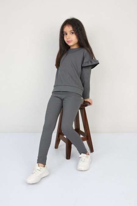 Şardonlu Fitilli Fırfır Detaylı Antrasit Taytlı Takım