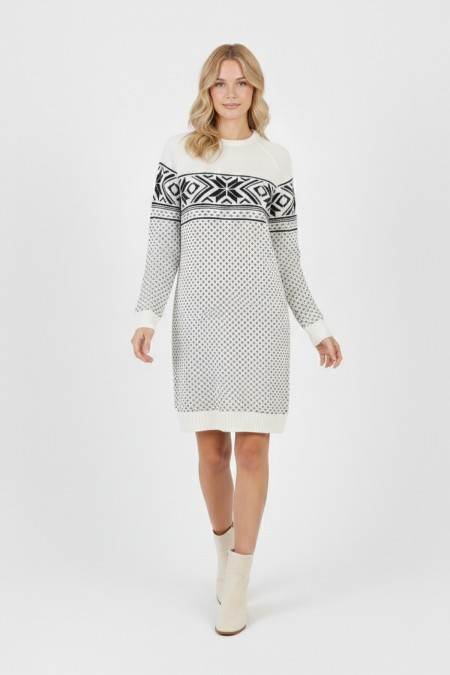  Kadın Beyaz Kar Tanesi Desenli Bisiklet Yaka Raglan Kol Jakarlı Triko Mini Kazak Tunik