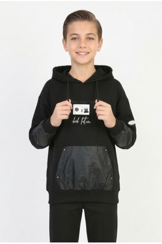 Erkek Çocuk İki İplik Kapüşonlu Baskılı Deri Detay Cepli Günlük  Sweatshirt