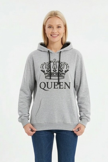 Kadın Gri Queen Yazılı Taç Baskılı Kapüşonlu Kanguru Cepli Sweatshirt