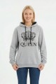 Kadın Gri Queen Yazılı Taç Baskılı Kapüşonlu Kanguru Cepli Sweatshirt