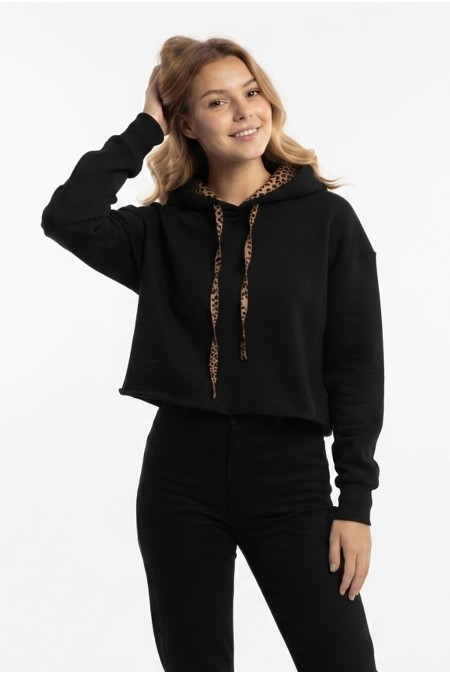Kadın Leopar Detaylı Kapüşonlu Crop Oversize Kalın Sweatshirt
