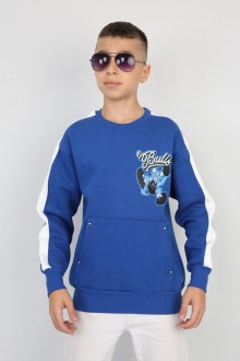 Üç İplik Şardonlu Arka Baskılı Saks Sweat