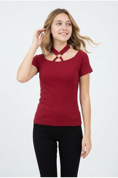 Kadın Boyun Detaylı Metal Halkalı Kısa Kollu Fitilli Crop Bluz Tişört