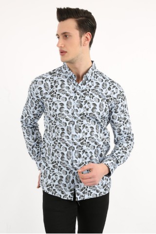 Yaprak Desenli Likralı Mavi Gömlek