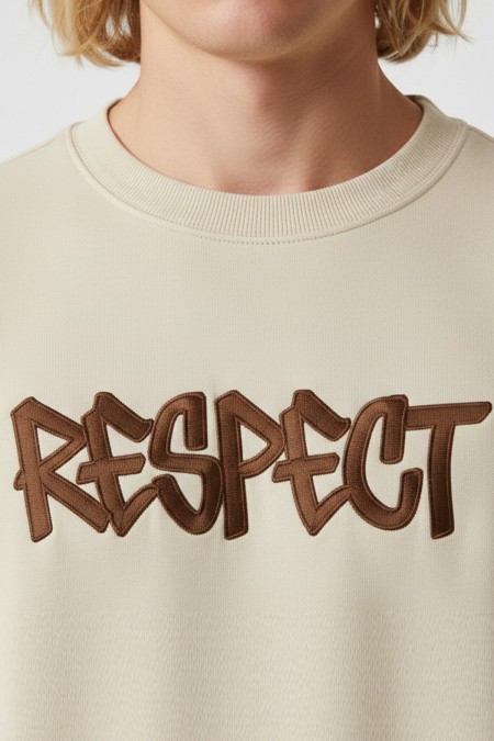 Erkek Bej Oversize Bisiklet Yaka Kabartma Baskılı Pamuklu Sweatshirt