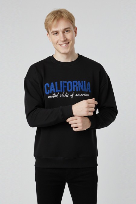 Erkek Siyah Oversize Bisiklet Yaka California Nakış Baskılı Pamuklu Sweatshirt
