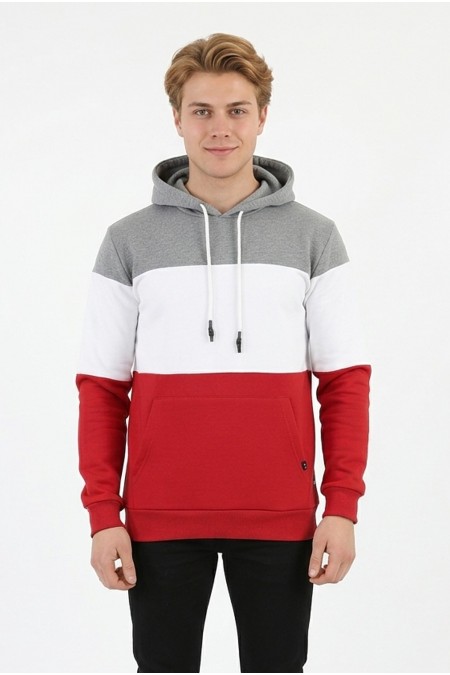 Erkek Üç İplik Şardonlu Kapüşonlu Parçalı Kanguru Cepli Günlük Sweatshirt