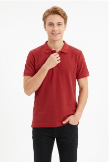 Erkek Kendinden Desenli Polo Yaka Kısa Kollu Slim Fit Dokulu Örme Tişört