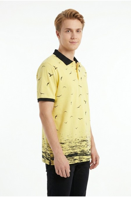 Erkek Martı Desenli Garnili Polo Yaka Kısa Kollu Slim Fit Pamuklu Tişört