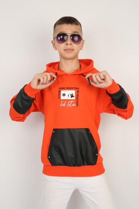 İki İplik Kapşonlu Baskılı Erkek Çocuk Günlük Sweatshirt