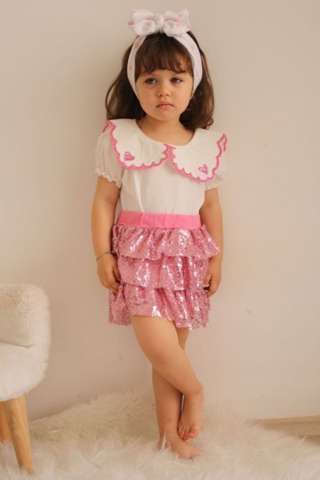 Bebe Yaka Tişört Ve Pullu Etekli Pembe Takım