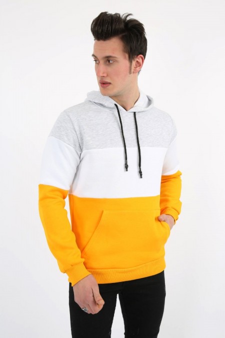 Üç İplik Şardonlu Kapşonlu Kanguru Cepli Parçalı Erkek Günlük Sweatshirt