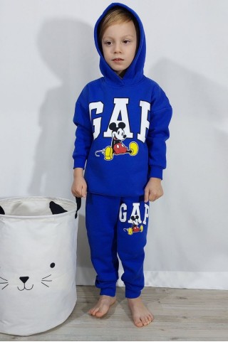 Üç İplik Şardonlu Kapşonlu Baskılı Saks Takım 